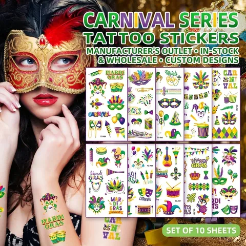 Mardi Gras Temporary Tattoo Stickers Waterproof Face Body Art Carnival Festival Masquerade Costume Accessories For Adults Kids