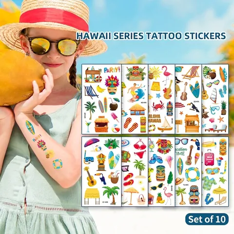 Autocollants De Tatouage Temporaire Style Tropical Plage Été Hawaï Imperméable Pour Enfants Adultes Décoration De Fête