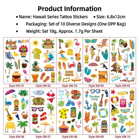 Autocollants De Tatouage Temporaire Style Tropical Plage Été Hawaï Imperméable Pour Enfants Adultes Décoration De Fête