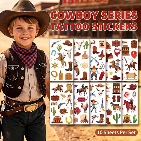 Adesivi Per Tatuaggi Temporanei Tema Cowboy Western Impermeabile Cartoni Animati Gadget Festa Arte Del Corpo Per Bambini
