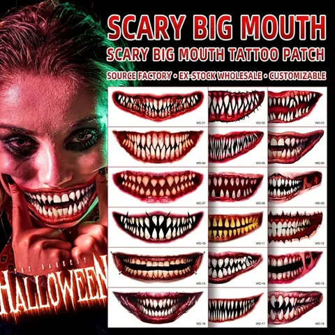 Halloween Horror Big Mouth Tattoo Stickers Scary Bloody Fangs Clown Teeth Makeup Waterproof DIY Face Body Art Accessory
