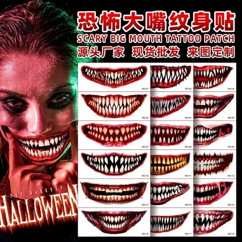 Halloween Horror Big Mouth Tattoo Stickers Scary Bloody Fangs Clown Teeth Makeup Waterproof DIY Face Body Art Accessory