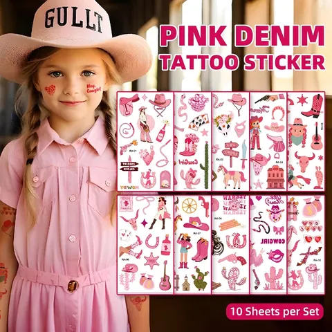 Tatuaggi Temporanei Adesivi Tema Cowboy Rosa Western Impermeabile Resistente Al Sudore Arte Del Corpo Per Bambini Ragazze