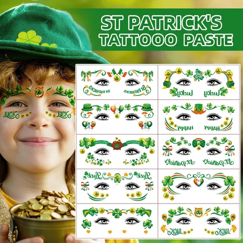 St Patrick's Day Temporäre Gesichtstattoos Grünes Kleeblatt Glück Irische Parade Party Dekoration Kinder Erwachsene