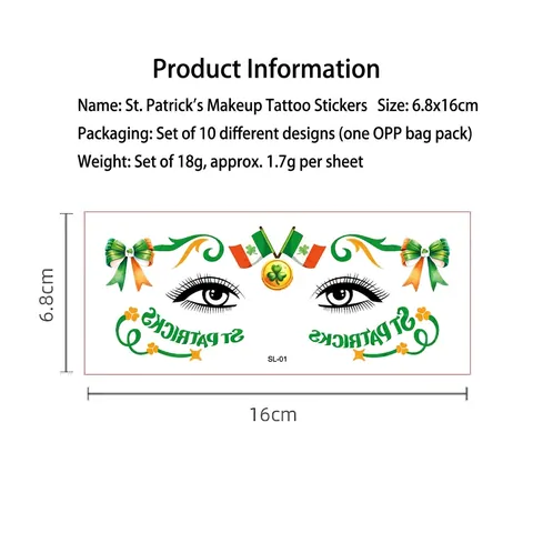 St Patrick's Day Temporäre Gesichtstattoos Grünes Kleeblatt Glück Irische Parade Party Dekoration Kinder Erwachsene