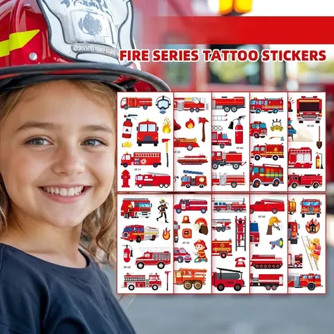 Cartoon Fire Truck Temporary Tattoo Stickers For Kids Waterproof Firefighter Theme Birthday Party Favors Reward Gifts Safety Fireman Hydrant Flame Patterns