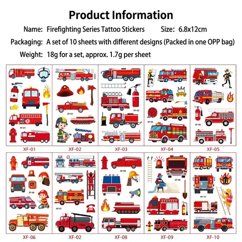 Cartoon Fire Truck Temporary Tattoo Stickers For Kids Waterproof Firefighter Theme Birthday Party Favors Reward Gifts Safety Fireman Hydrant Flame Patterns