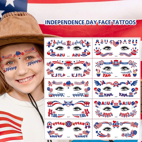 Adesivi per Tatuaggi Viso Giorno Indipendenza Bandiera Americana Tatuaggi Temporanei Patriottici Rosso Bianco Blu Stelle USA Decorazione per Festa 4 Luglio