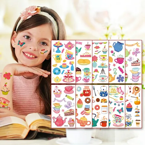 Adesivi Per Tatuaggi Temporanei Cartoni Animati Tema Tè Pomeridiano Dessert Impermeabile Resistente Al Sudore Per Bambini