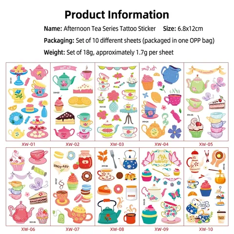 Adesivi Per Tatuaggi Temporanei Cartoni Animati Tema Tè Pomeridiano Dessert Impermeabile Resistente Al Sudore Per Bambini