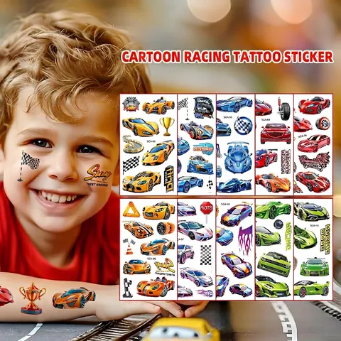 Racing Car Temporary Tattoo Stickers Waterproof Cartoon Sports Trophies Flags Birthday Party Favors For Kids Boys