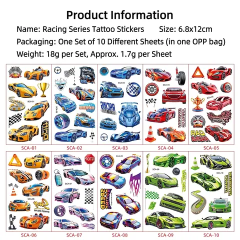 Racing Car Temporary Tattoo Stickers Waterproof Cartoon Sports Trophies Flags Birthday Party Favors For Kids Boys
