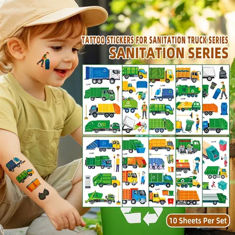 Cartoon Garbage Truck Temporary Tattoo Stickers For Kids Waterproof Sanitation Vehicle Theme Party Favors Birthday Gifts