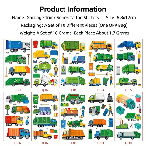 Cartoon Garbage Truck Temporary Tattoo Stickers For Kids Waterproof Sanitation Vehicle Theme Party Favors Birthday Gifts