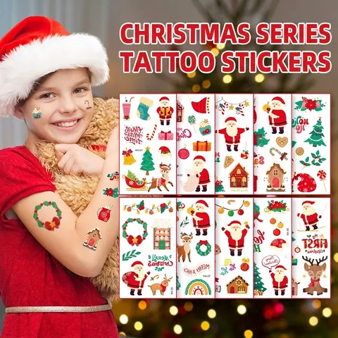 Christmas Temporary Tattoo Stickers Cartoon Santa Claus Reindeer Waterproof Body Art For Kids Holiday Party Decoration