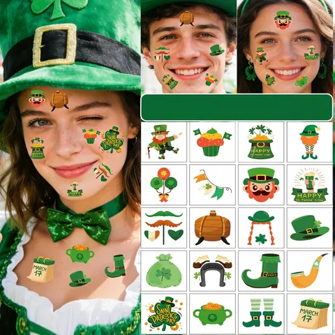 Temporäre Tattoos St. Patrick's Day Wasserdicht Kleeblatt Kobold Gesicht Körper Aufkleber Irische Party Deko