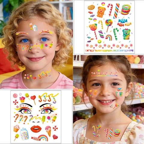 Adesivi Per Tatuaggi Sul Viso Carta Per Trasferimento D'acqua Motivi Colorati Lecca-lecca Sirena Farfalla Per Decorazione Di Feste Per Bambini