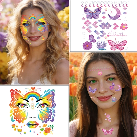 Tatuaggi Temporanei Viso Farfalla Sirena Unicorno Adesivi Trasferimento Acqua Per Bambini Festa Carnevale Trucco