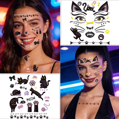 Autocollants De Tatouage De Visage De Chat Mignon Sirène Papillon Licorne Carnaval Temporaire Transfert Deau Étanche Maquillage D'art Corporel