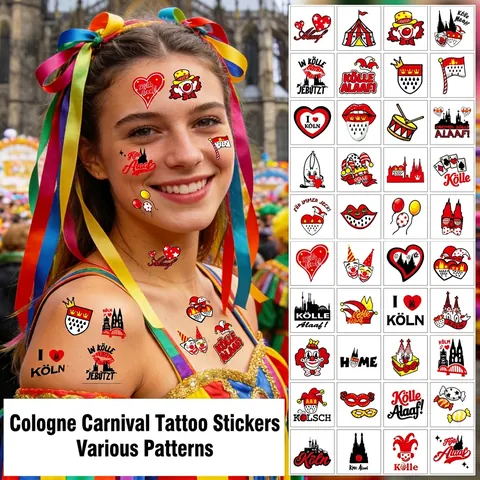 Keulen Carnaval Tijdelijke Tatoeages Waterdicht Kleurrijk Clown Kathedraal Patroon Festival Feest Lichaam Gezicht Kunst Stickers