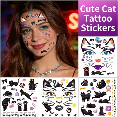 Autocollants De Tatouage De Visage De Chat Mignon Sirène Papillon Licorne Carnaval Temporaire Transfert Deau Étanche Maquillage D'art Corporel