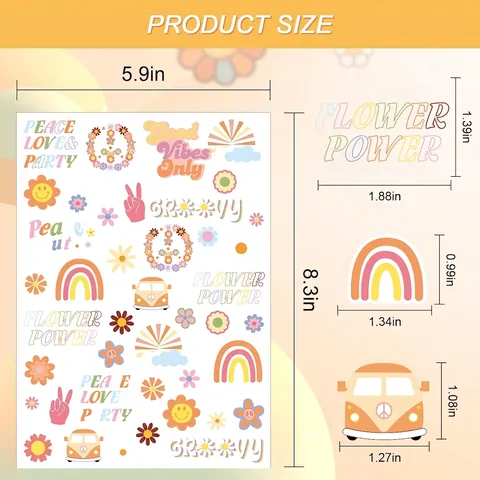 Retro Hippie Tijdelijke Tattoo Stickers Boho Regenboog Bloem Vredesteken Bus Ontwerp Waterdichte Lichaam Gezicht Art Decals Voor Feest
