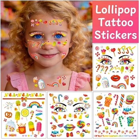 Adesivi Per Tatuaggi Sul Viso Carta Per Trasferimento D'acqua Motivi Colorati Lecca-lecca Sirena Farfalla Per Decorazione Di Feste Per Bambini