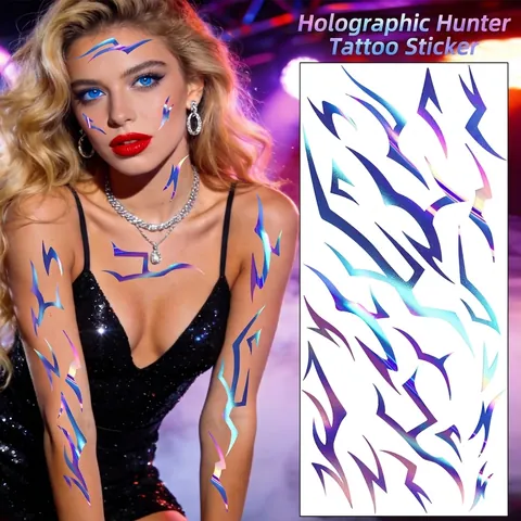 Adesivi Per Tatuaggi Temporanei Con Motivo A Fulmine Laser Viola Olografico Decalcomanie Per Body Art Per Festival