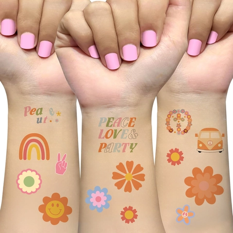 Retro Hippie Tijdelijke Tattoo Stickers Boho Regenboog Bloem Vredesteken Bus Ontwerp Waterdichte Lichaam Gezicht Art Decals Voor Feest