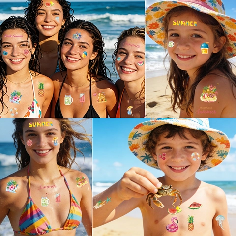 Summer Temporary Tattoo Stickers Waterproof Water Transfer Paper Tropical Fruits Flamingo Beach Pool Party Body Art Kids