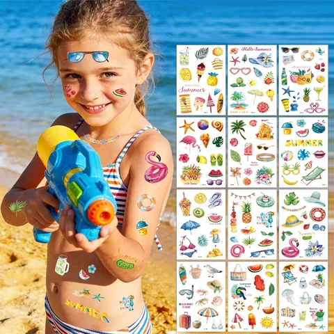 Summer Temporary Tattoo Stickers Waterproof Water Transfer Paper Tropical Fruits Flamingo Beach Pool Party Body Art Kids