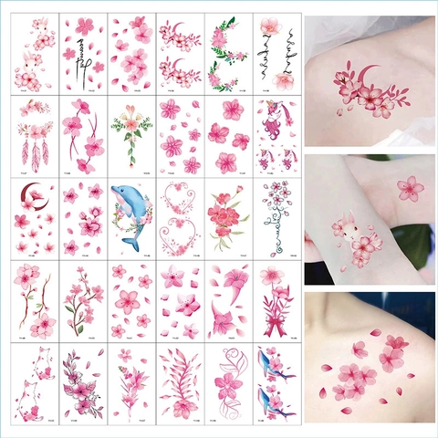 Tatouages Temporaires Autocollants Fleur De Cerisier Imperméable Longue Durée Rose Lune Style Japonais Pour Femmes Filles Motifs Multiples