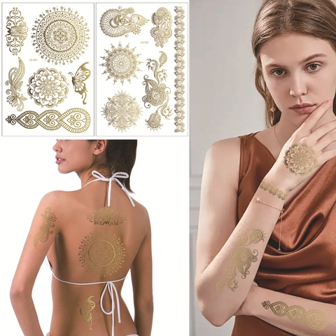 Pegatinas De Tatuaje Temporal Dorado Metálico Impermeable Encaje Henna Mandala Mariposa Boho Arte Corporal Para Mujeres