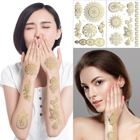 Pegatinas De Tatuaje Temporal Dorado Metálico Impermeable Encaje Henna Mandala Mariposa Boho Arte Corporal Para Mujeres