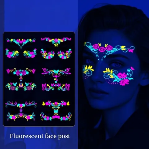 Fluorescent Face Tattoo Stickers Neon Glow UV Reactive Waterproof Butterfly Flower Patterns For Music Festival Party Club Makeup