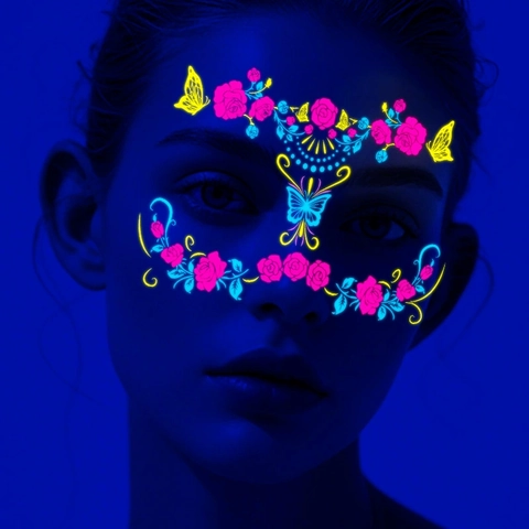 Fluorescent Face Tattoo Stickers Neon Glow UV Reactive Waterproof Butterfly Flower Patterns For Music Festival Party Club Makeup