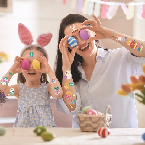Simpatici Tatuaggi Temporanei Di Pasqua Adesivi Impermeabili Coniglio Del Fumetto Uovo Colorato Per Bambini Ragazzi Ragazze