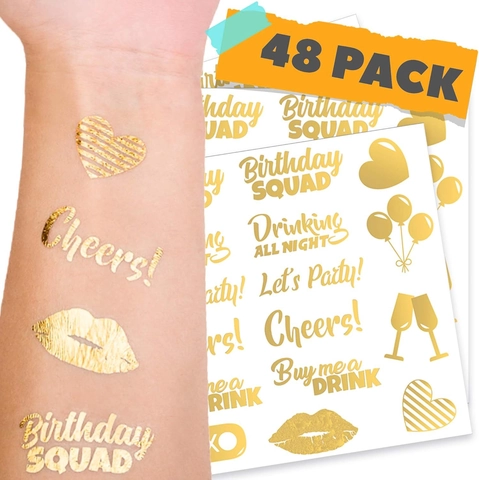 Gouden Metallic Tijdelijke Tattoos Waterdicht Verjaardagsfeest Stickers Birthday Squad Voor Wrouwen