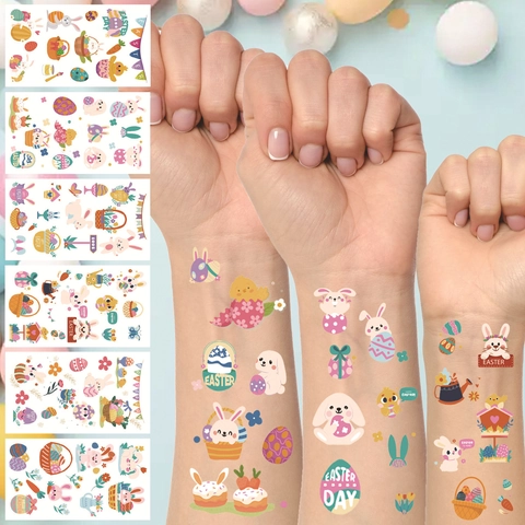 Simpatici Tatuaggi Temporanei Di Pasqua Adesivi Impermeabili Coniglio Del Fumetto Uovo Colorato Per Bambini Ragazzi Ragazze
