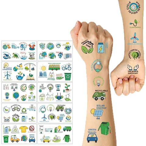 Tatuaggi Temporanei Giorno Della Terra Per Bambini Impermeabile Tema Ecologico Cartone Animato Piante Verdi Riciclaggio