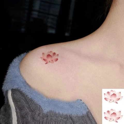 Lotusblume Temporärer Tattoo Aufkleber Wasserfest Rosa Aquarell Blumen Körperkunst Für Frauen Schulter Arm Fuß