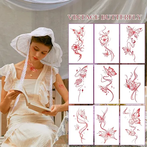 Tatuaggi Temporanei Farfalla Vintage Inchiostro Rosso Arte Lineare Floreale Minimalista Impermeabile Decorazione Corpo Per Donne