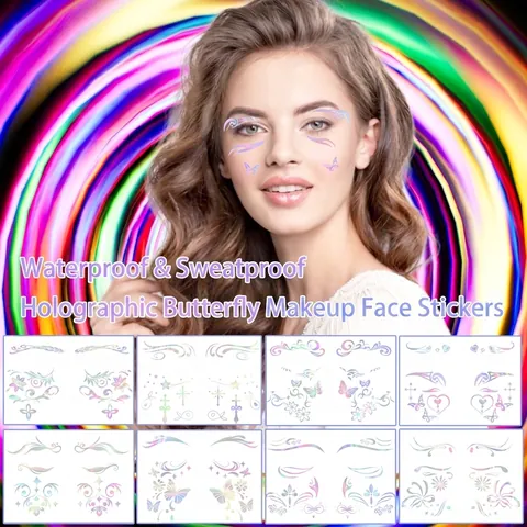 Laser Holographic Face Tattoo Stickers Waterproof Eye Makeup Butterfly Heart Geometric Line Temporary Tattoos For Festival
