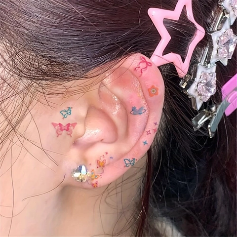 Adesivi Per Tatuaggi Temporanei Per Orecchie Mini Impermeabile Motivo A Cartoni Animati Colorati Per Donne Ragazze