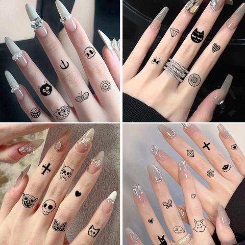 Autocollants De Tatouage Temporaire Noirs Minimalistes Lion Lune Doigt Art Corporel Imperméable Bohème Style Sombre