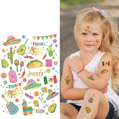 Tatouages Temporaires Fiesta Mexicaine Imperméable Coloré Dessin Animé Sombrero Guitare Cactus Taco Autocollants Pour Décoration De Fête Cinco De Mayo