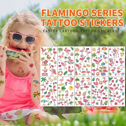 Flamingo Temporäre Tattoos Für Kinder Sommer Strand Wasserdichte Wassertransfer Aufkleber Cartoon Tropische Körper Gesicht Kunst Party