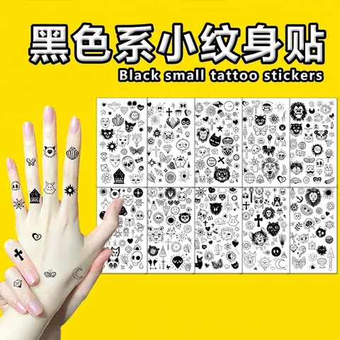 Autocollants De Tatouage Temporaire Noirs Minimalistes Lion Lune Doigt Art Corporel Imperméable Bohème Style Sombre
