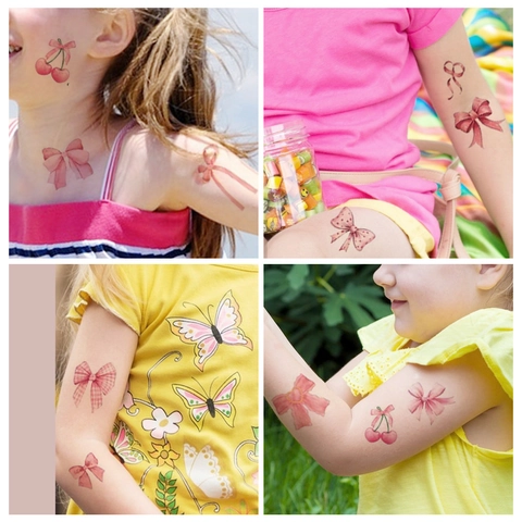 Pinke Schleife Temporäre Tattoo Aufkleber Aquarell Cartoon Schleifen Designs Für Kinder Mädchen Wasserfest Körperkunst