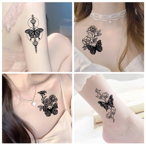 Temporäre Tattoo Aufkleber Wasserdicht Dark Style Schwarz Schmetterling Blumen Skizze Geometrisch Minimalistisch Körper